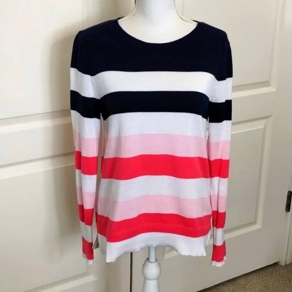 Time & Tru medium blue/pink stripe lightweight crew neck sweater long sleeve - Picture 1 of 12